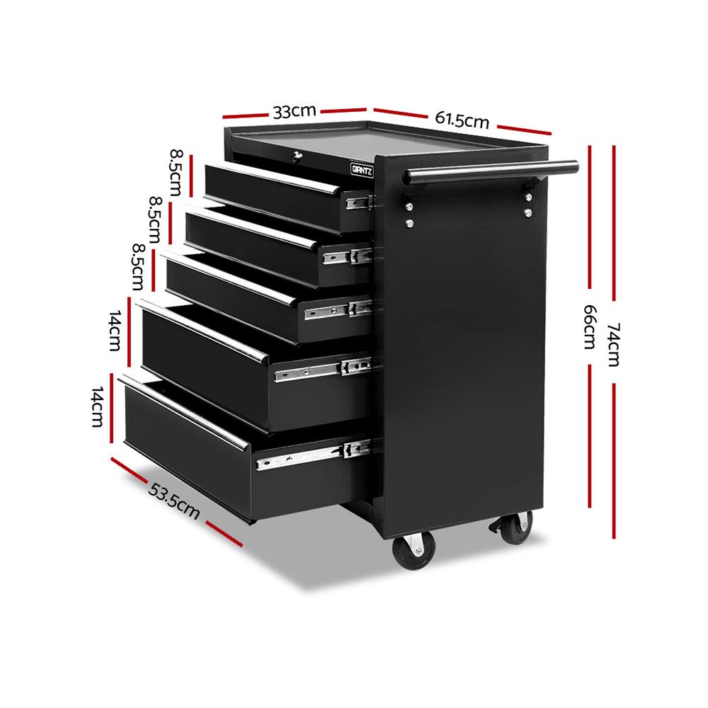 Giantz 5 Drawer Mechanic Tool Box Cabinet in black, featuring five lockable drawers and castors for mobility.