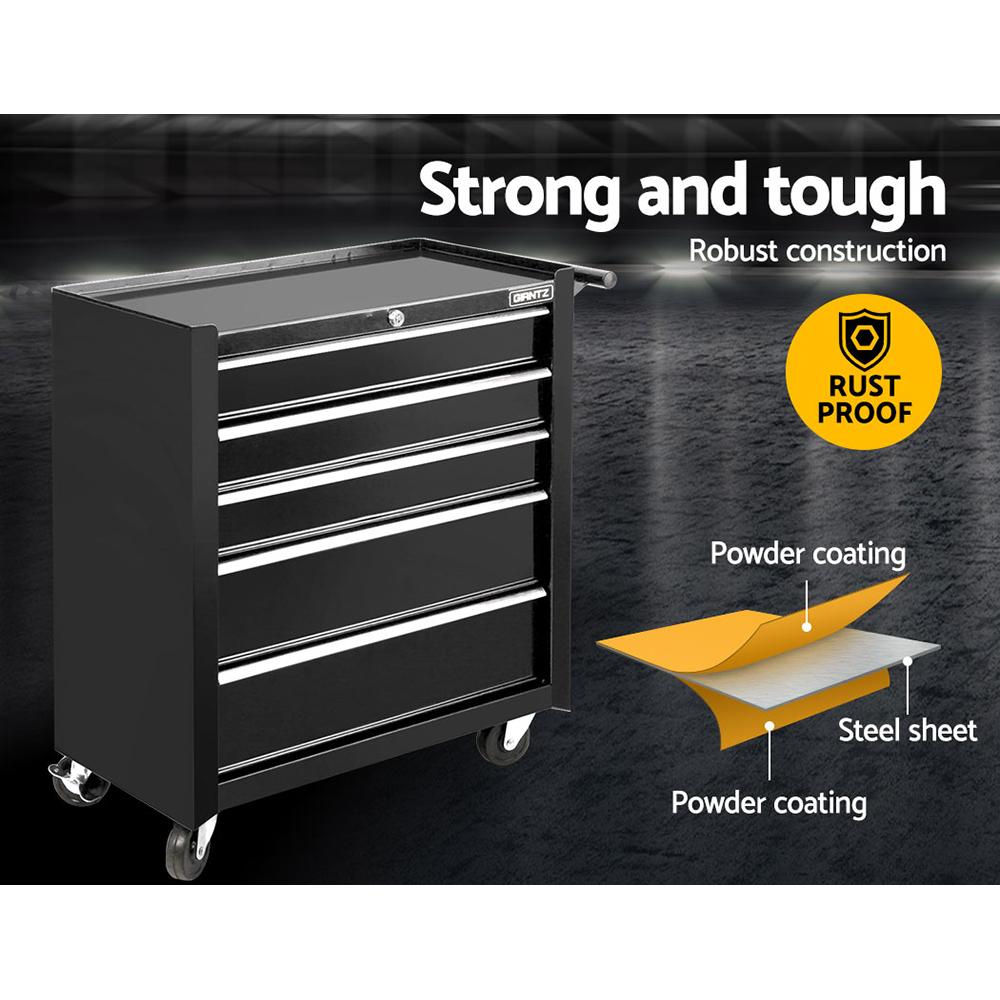 Giantz 5 Drawer Mechanic Tool Box Cabinet in black, featuring five lockable drawers and castors for mobility.