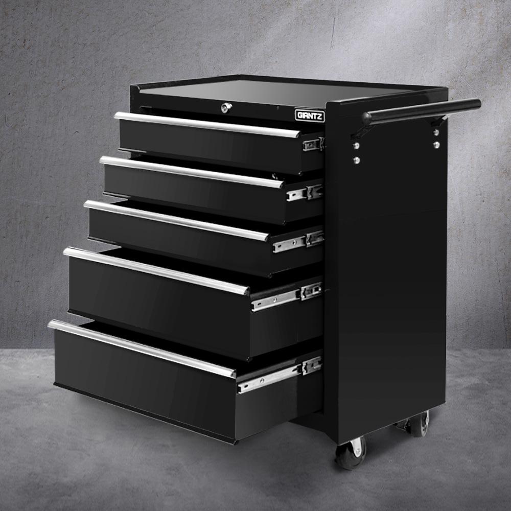 Giantz 5 Drawer Mechanic Tool Box Cabinet in black, featuring five lockable drawers and castors for mobility.