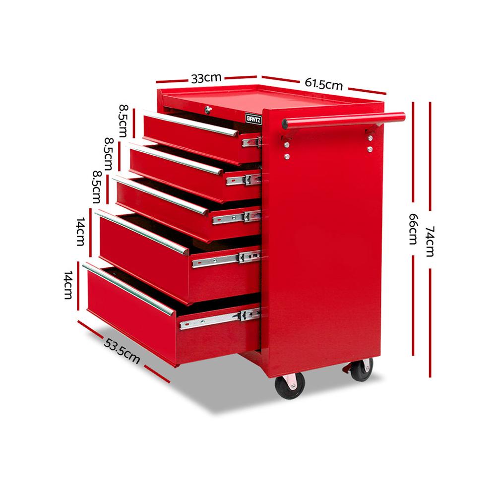 Giantz 5 Drawer Mechanic Tool Box Cabinet in red, featuring five lockable drawers and mobility castors for easy access and organization.