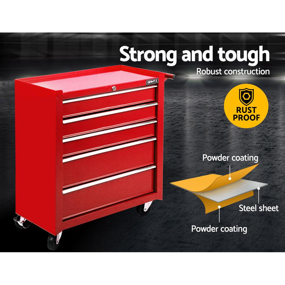 Giantz 5 Drawer Mechanic Tool Box Cabinet in red, featuring five lockable drawers and mobility castors for easy access and organization.