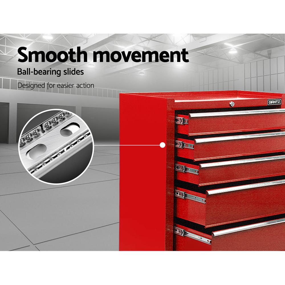 Giantz 5 Drawer Mechanic Tool Box Cabinet in red, featuring five lockable drawers and mobility castors for easy access and organization.