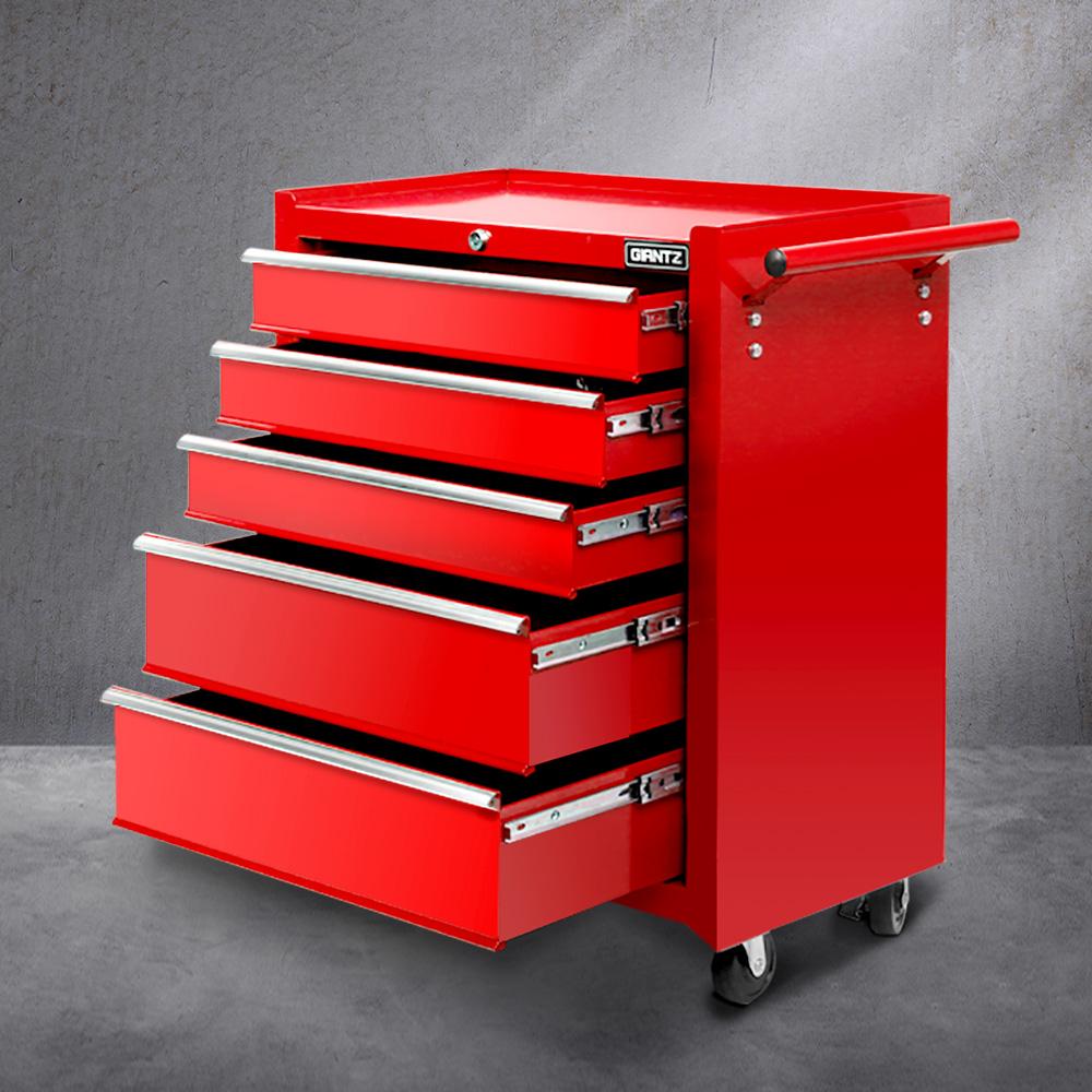 Giantz 5 Drawer Mechanic Tool Box Cabinet in red, featuring five lockable drawers and mobility castors for easy access and organization.