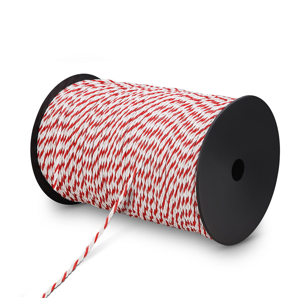 Giantz 500m Stainless Steel Polywire in red and white, showcasing its durable and highly visible design for electric fencing.