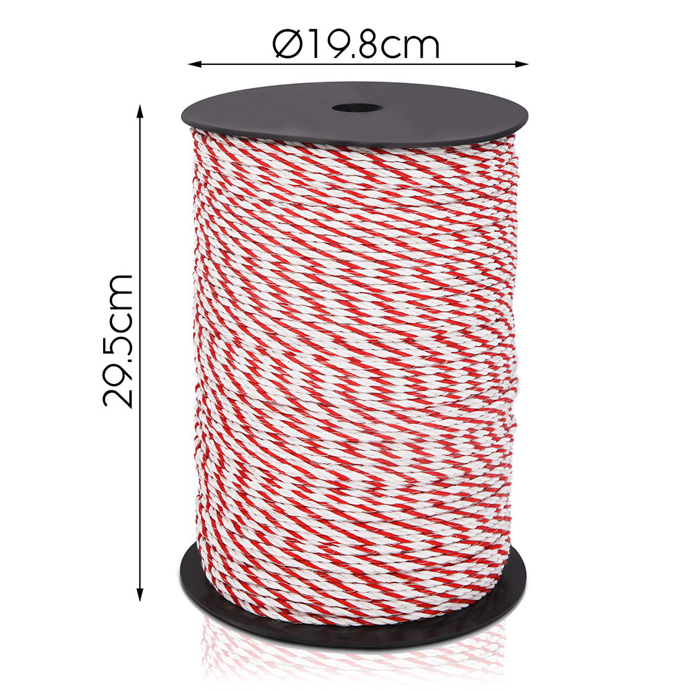 Giantz 500m Stainless Steel Polywire in red and white, showcasing its durable and highly visible design for electric fencing.