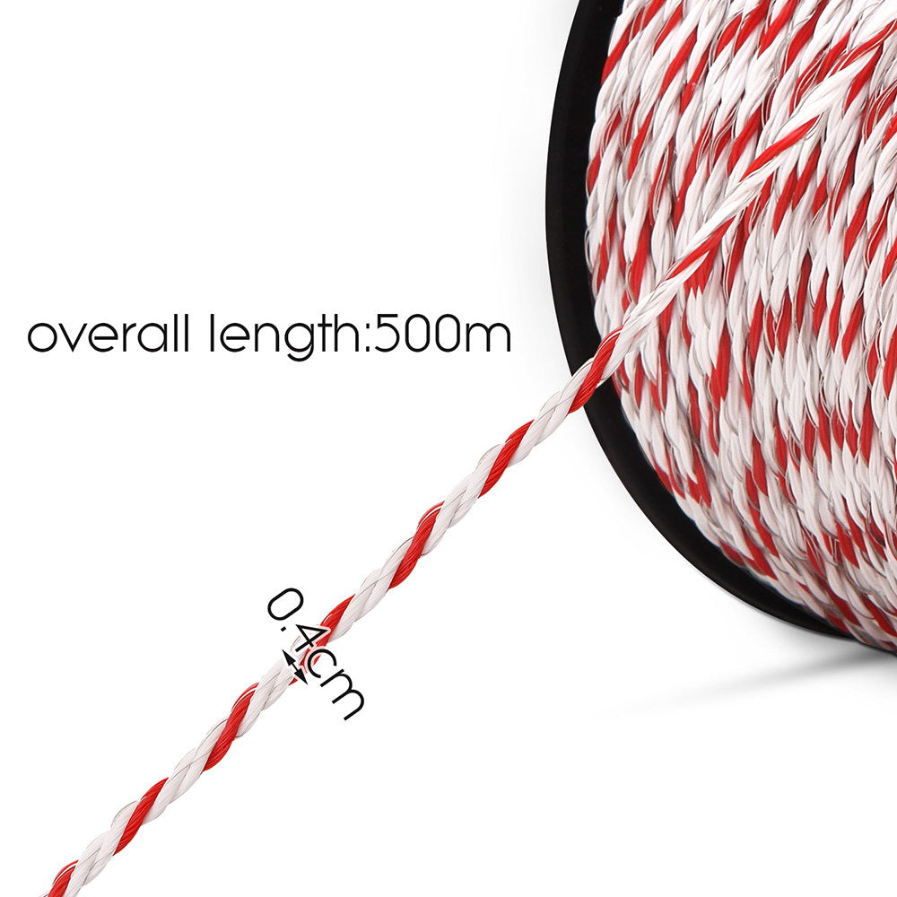 Giantz 500m Stainless Steel Polywire in red and white, showcasing its durable and highly visible design for electric fencing.