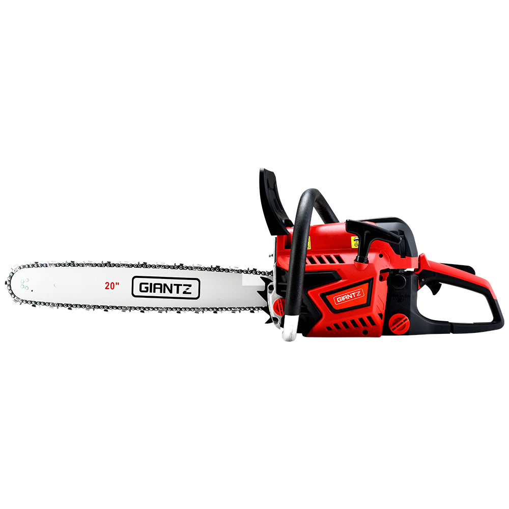 Giantz 52 CC Chainsaw with 20-inch bar and chain, showcasing its powerful engine and ergonomic design for efficient cutting.