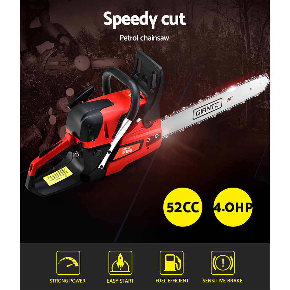 Giantz 52 CC Chainsaw with 20-inch bar and chain, showcasing its powerful engine and ergonomic design for efficient cutting.