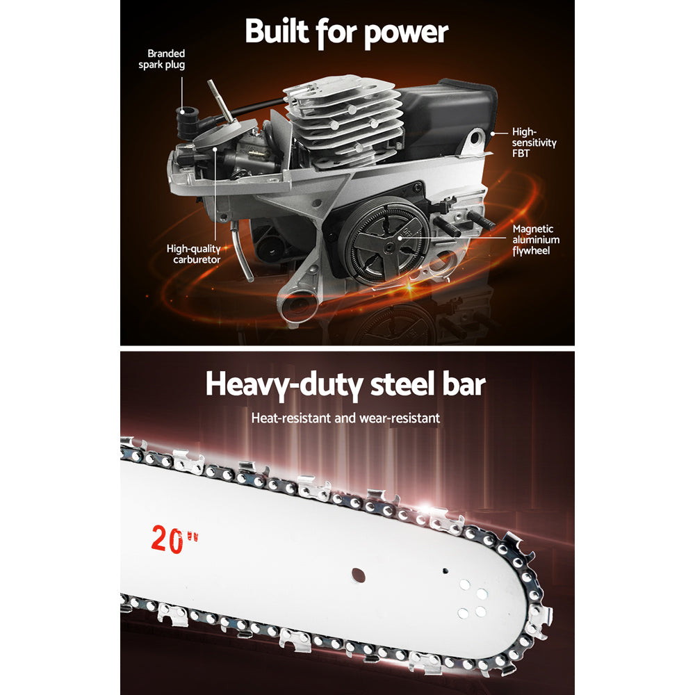 Giantz 52 CC Chainsaw with 20-inch bar and chain, showcasing its powerful engine and ergonomic design for efficient cutting.