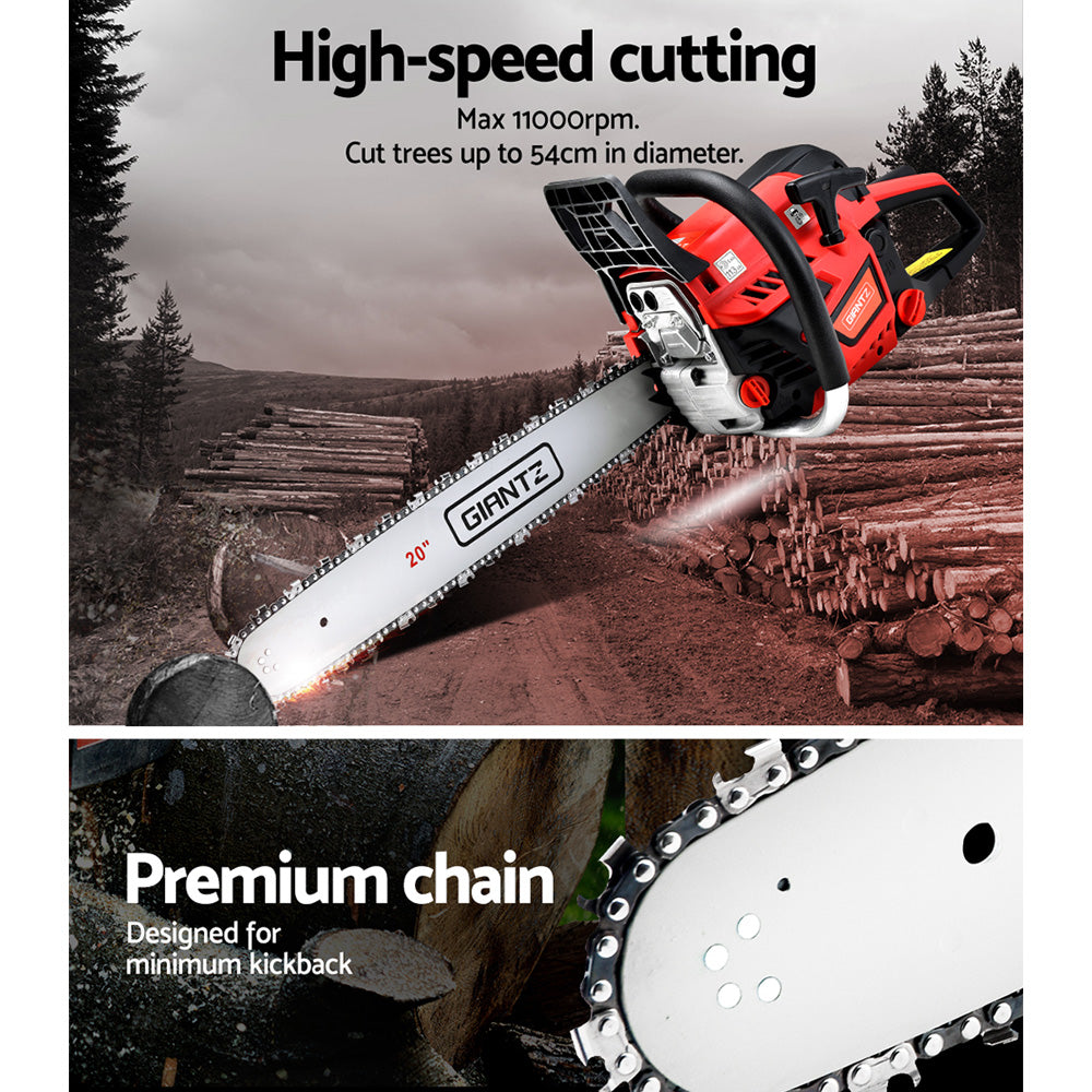 Giantz 52 CC Chainsaw with 20-inch bar and chain, showcasing its powerful engine and ergonomic design for efficient cutting.