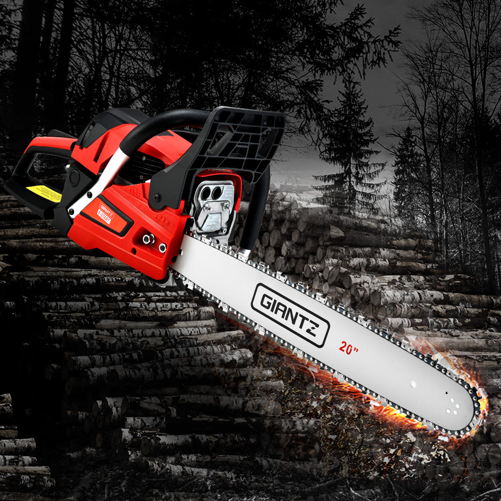 Giantz 52 CC Chainsaw with 20-inch bar and chain, showcasing its powerful engine and ergonomic design for efficient cutting.