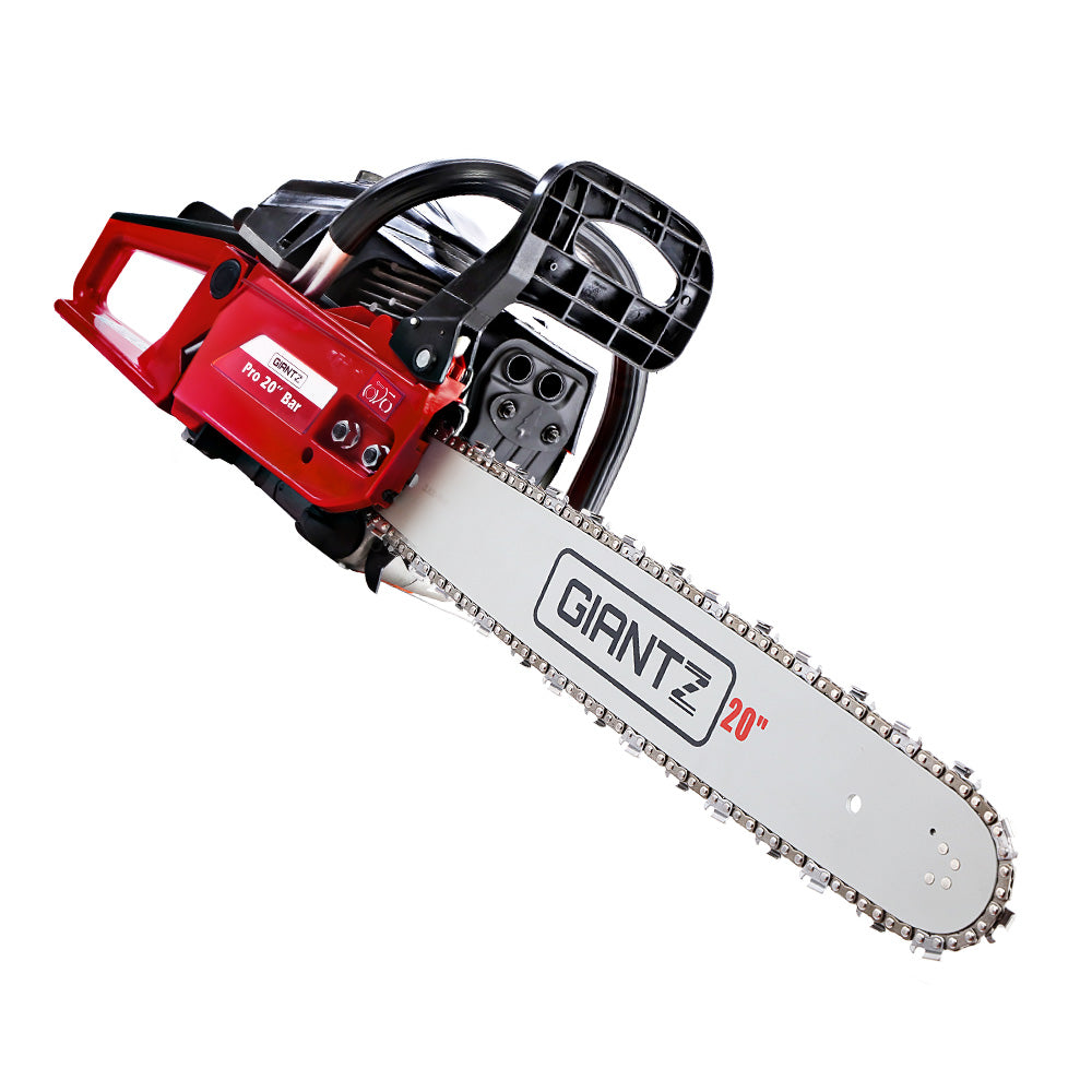 GIANTZ 52CC Petrol Chainsaw with a robust 20-inch bar and chain, featuring a powerful engine and safety features for commercial-grade cutting.