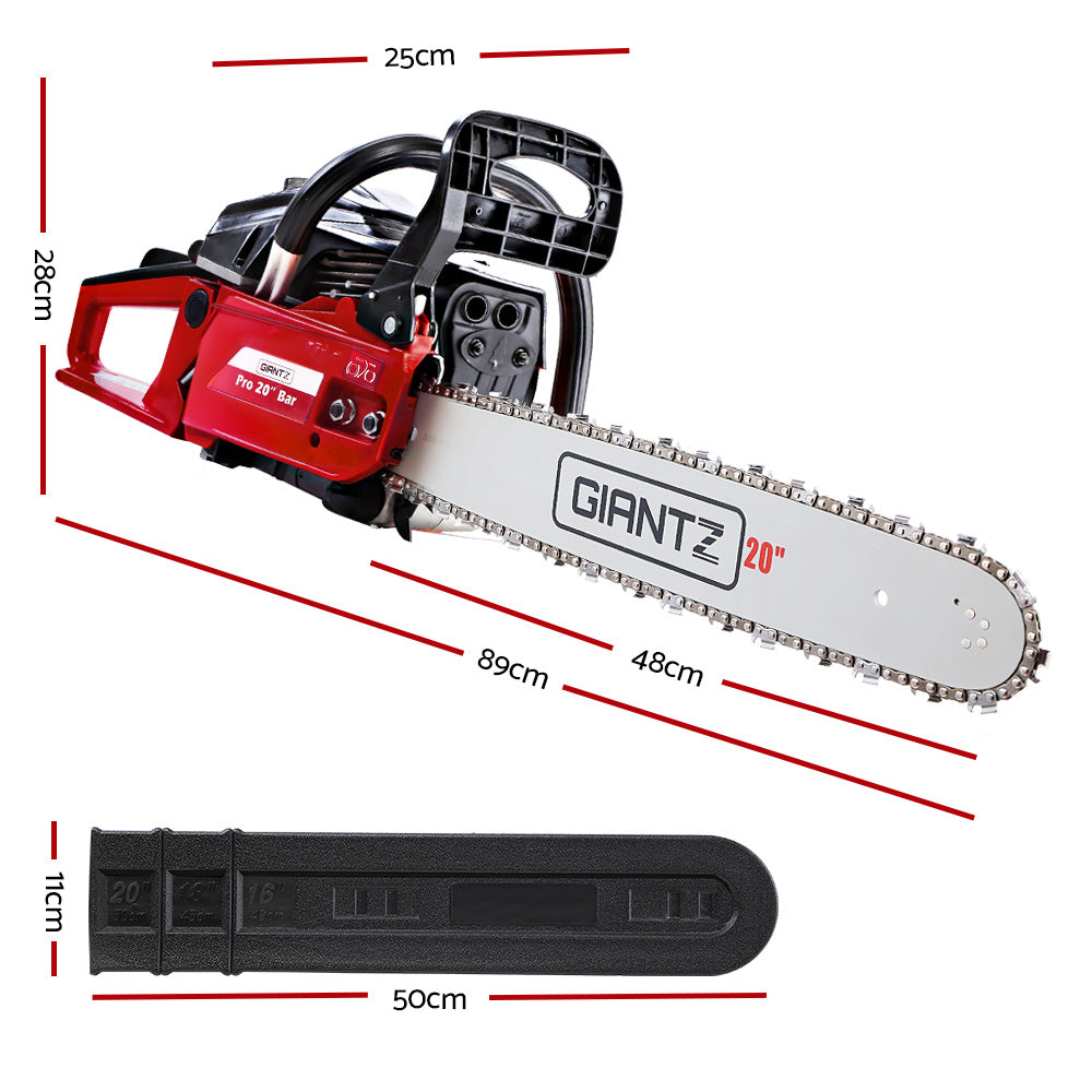 GIANTZ 52CC Petrol Chainsaw with a robust 20-inch bar and chain, featuring a powerful engine and safety features for commercial-grade cutting.