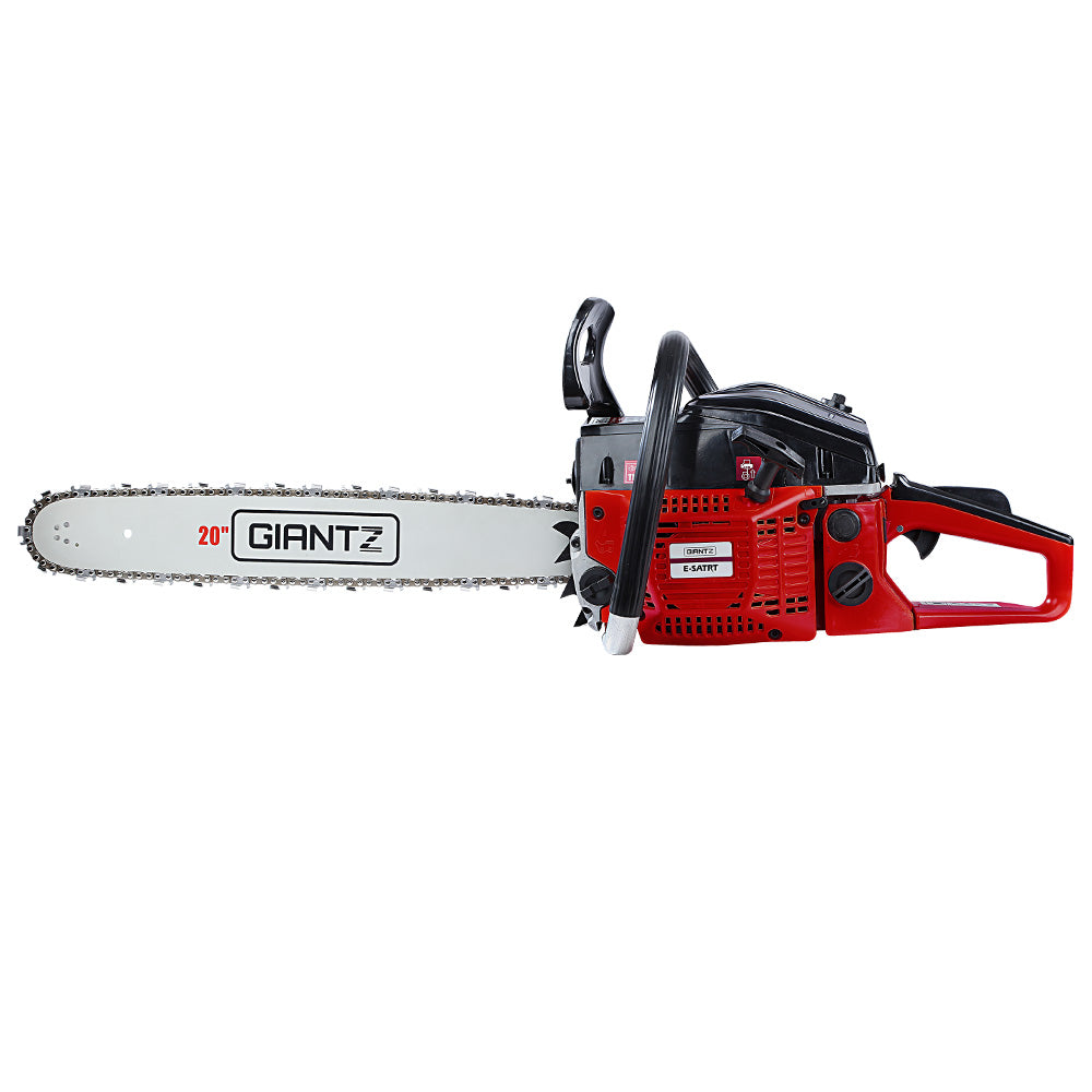 GIANTZ 52CC Petrol Chainsaw with a robust 20-inch bar and chain, featuring a powerful engine and safety features for commercial-grade cutting.