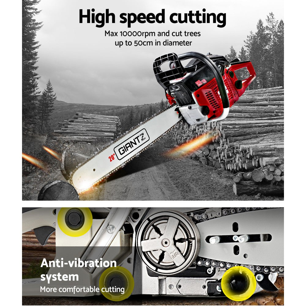 GIANTZ 52CC Petrol Chainsaw with a robust 20-inch bar and chain, featuring a powerful engine and safety features for commercial-grade cutting.