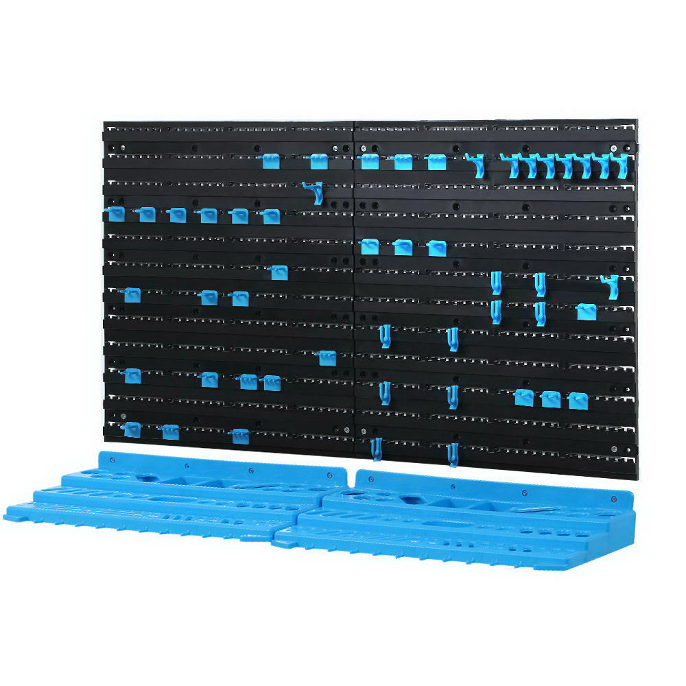 Giantz 54 Part Wall Mounted Storage Bin Rack with peg boards and tool holders, showcasing a blue and black color scheme.