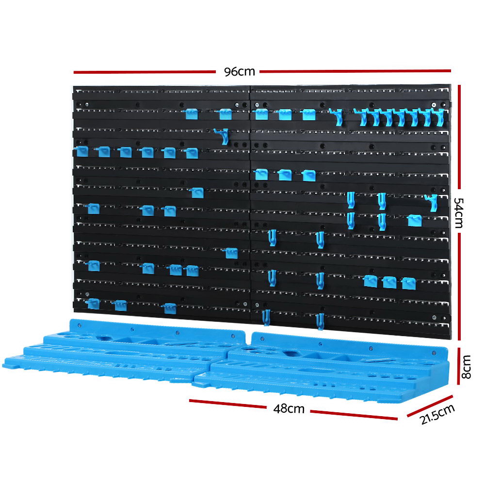 Giantz 54 Part Wall Mounted Storage Bin Rack with peg boards and tool holders, showcasing a blue and black color scheme.