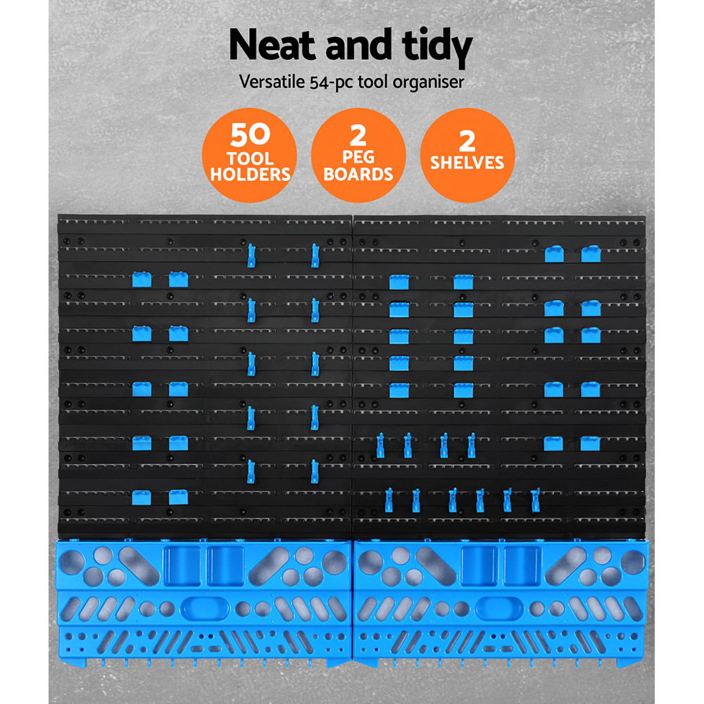 Giantz 54 Part Wall Mounted Storage Bin Rack with peg boards and tool holders, showcasing a blue and black color scheme.