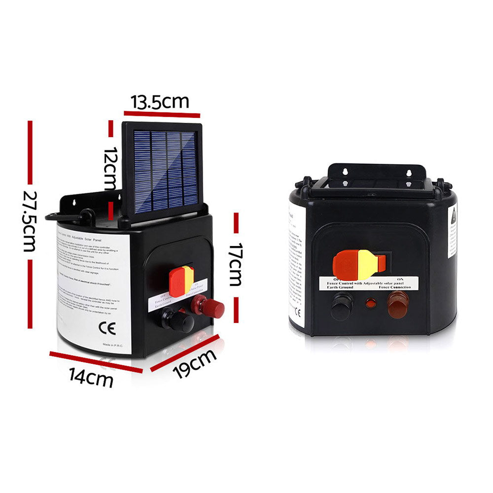 Giantz 5km Solar Electric Fence Charger Energiser with solar panel and warning signs, designed for livestock safety.