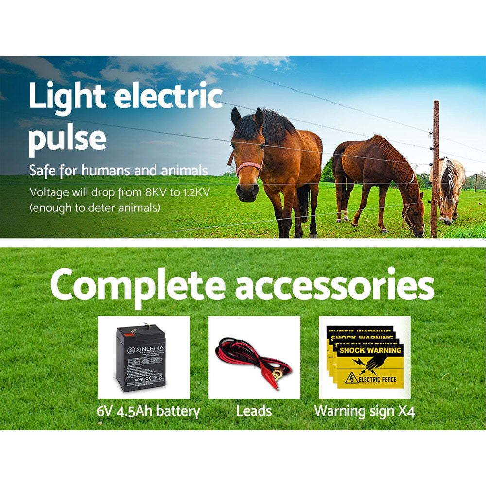 Giantz 5km Solar Electric Fence Charger Energiser with solar panel and warning signs, designed for livestock safety.