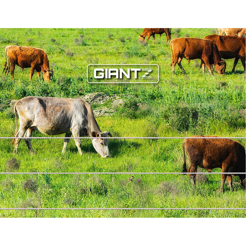 Giantz 5km Solar Electric Fence Charger Energiser with solar panel and warning signs, designed for livestock safety.