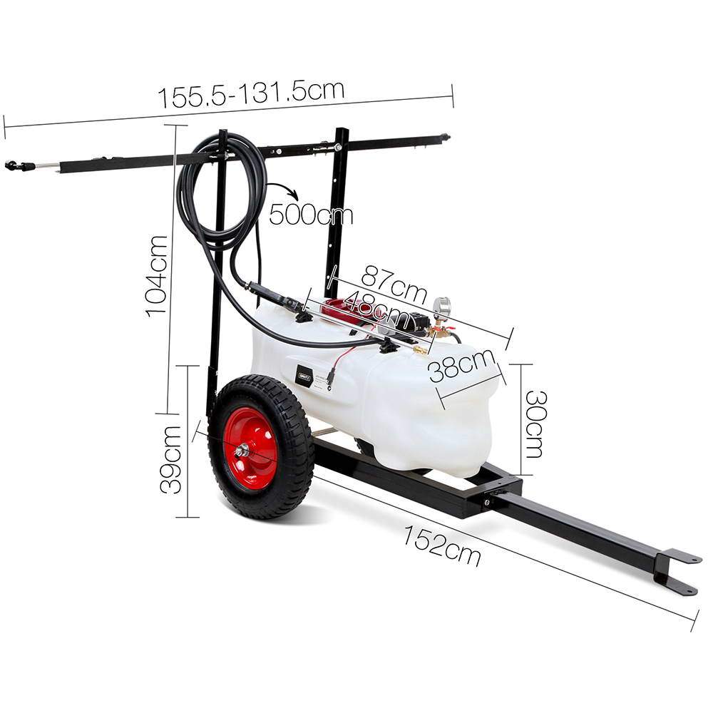 Giantz 60L ATV Weed Sprayer with trailer and rear boom, showcasing its durable tank and components designed for efficient weed control.