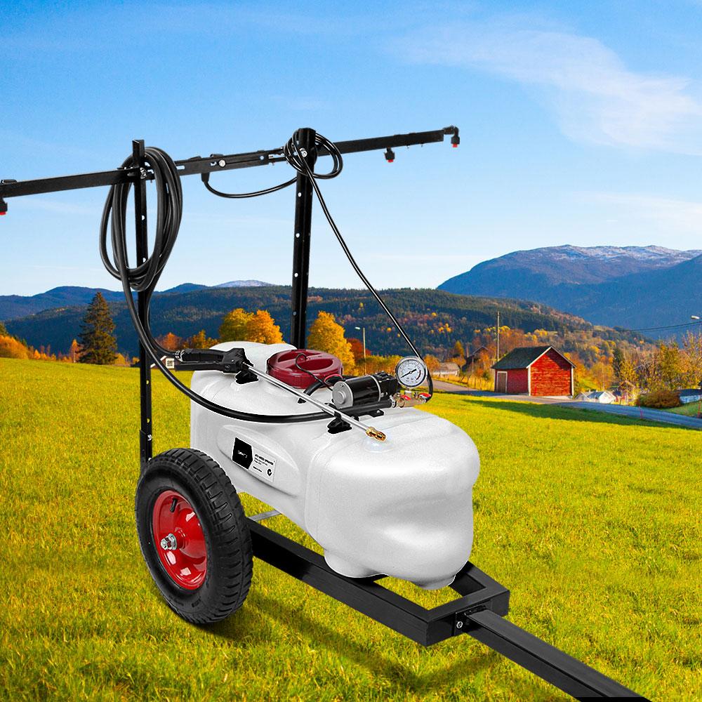 Giantz 60L ATV Weed Sprayer with trailer and rear boom, showcasing its durable tank and components designed for efficient weed control.