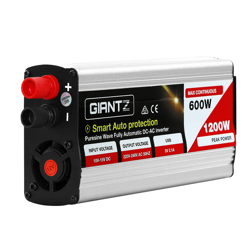 Giantz 600W Pure Sine Wave DC-AC Power Inverter with dual 240V sockets and USB output, designed for powering sensitive electronics.