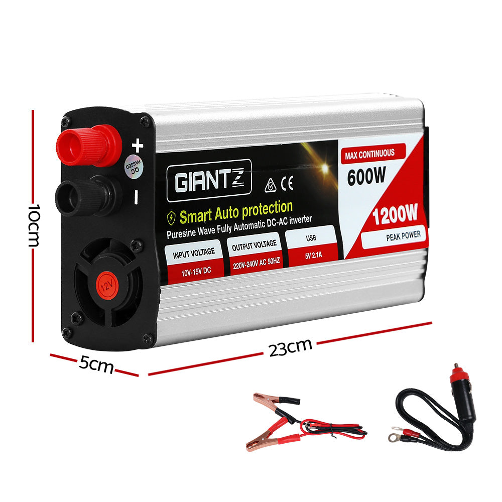 Giantz 600W Pure Sine Wave DC-AC Power Inverter with dual 240V sockets and USB output, designed for powering sensitive electronics.