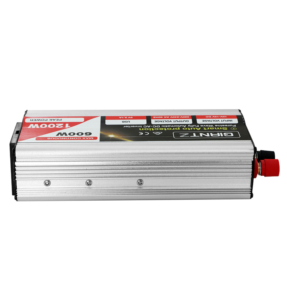 Giantz 600W Pure Sine Wave DC-AC Power Inverter with dual 240V sockets and USB output, designed for powering sensitive electronics.