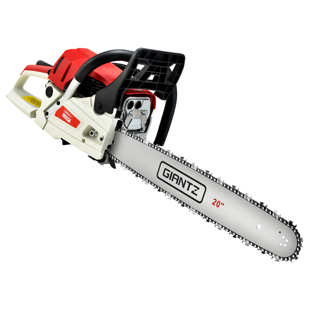 Giantz 62CC Chainsaw with 20-inch bar, showcasing its powerful engine and ergonomic design for efficient cutting and pruning tasks.