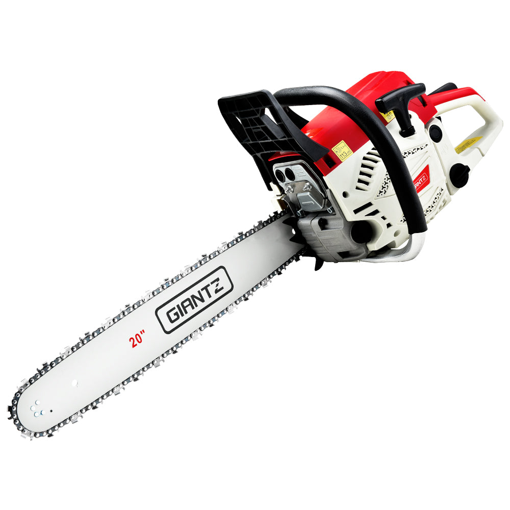 Giantz 62CC Chainsaw with 20-inch bar, showcasing its powerful engine and ergonomic design for efficient cutting and pruning tasks.