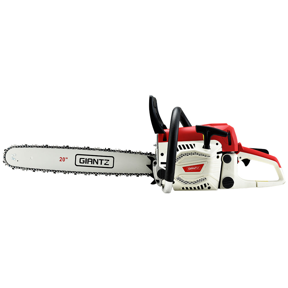 Giantz 62CC Chainsaw with 20-inch bar, showcasing its powerful engine and ergonomic design for efficient cutting and pruning tasks.