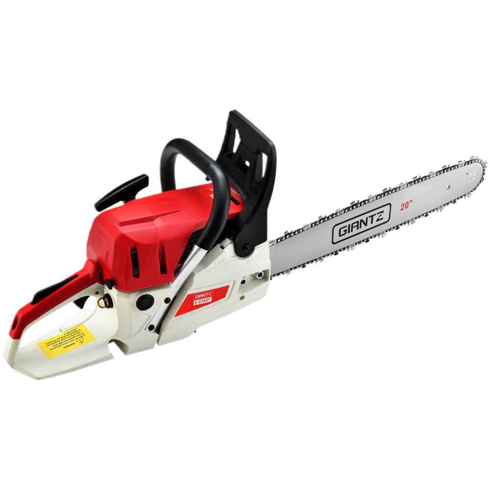 Giantz 62CC Chainsaw with 20-inch bar, showcasing its powerful engine and ergonomic design for efficient cutting and pruning tasks.