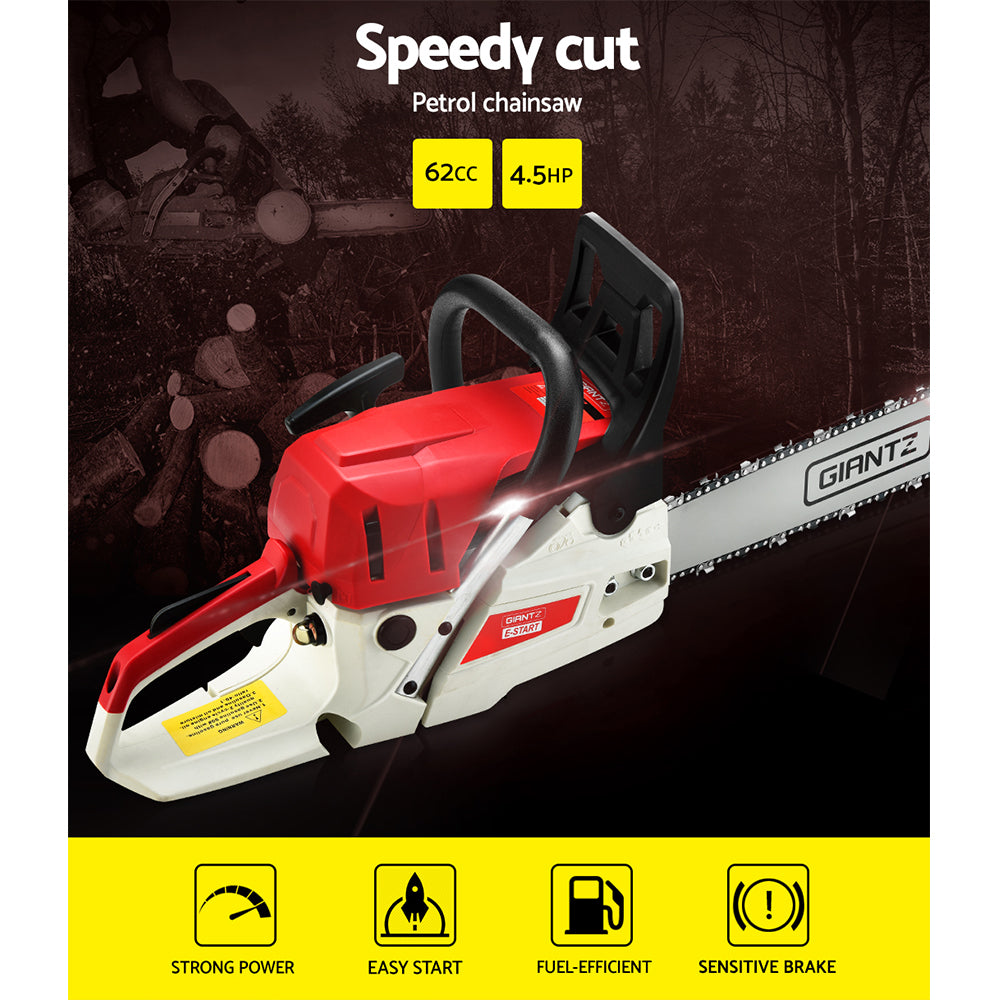 Giantz 62CC Chainsaw with 20-inch bar, showcasing its powerful engine and ergonomic design for efficient cutting and pruning tasks.