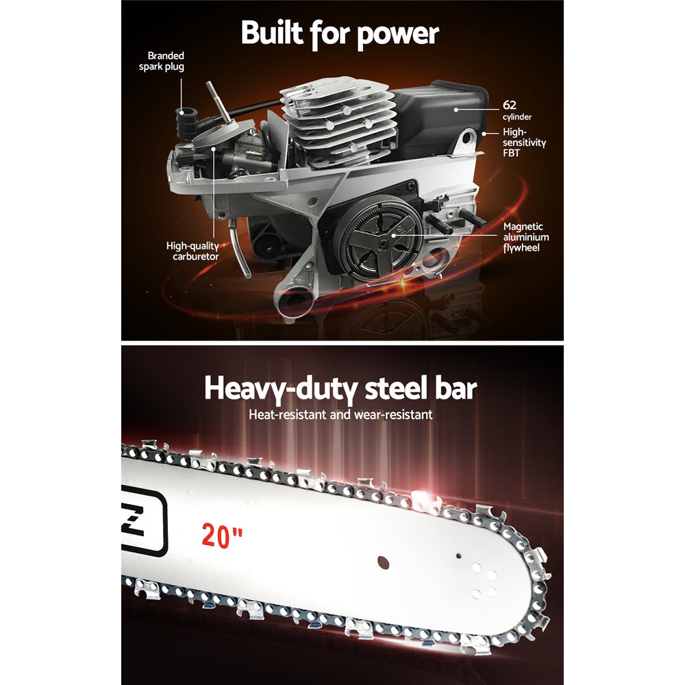 Giantz 62CC Chainsaw with 20-inch bar, showcasing its powerful engine and ergonomic design for efficient cutting and pruning tasks.