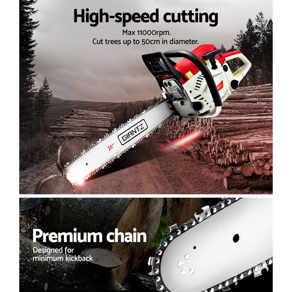 Giantz 62CC Chainsaw with 20-inch bar, showcasing its powerful engine and ergonomic design for efficient cutting and pruning tasks.