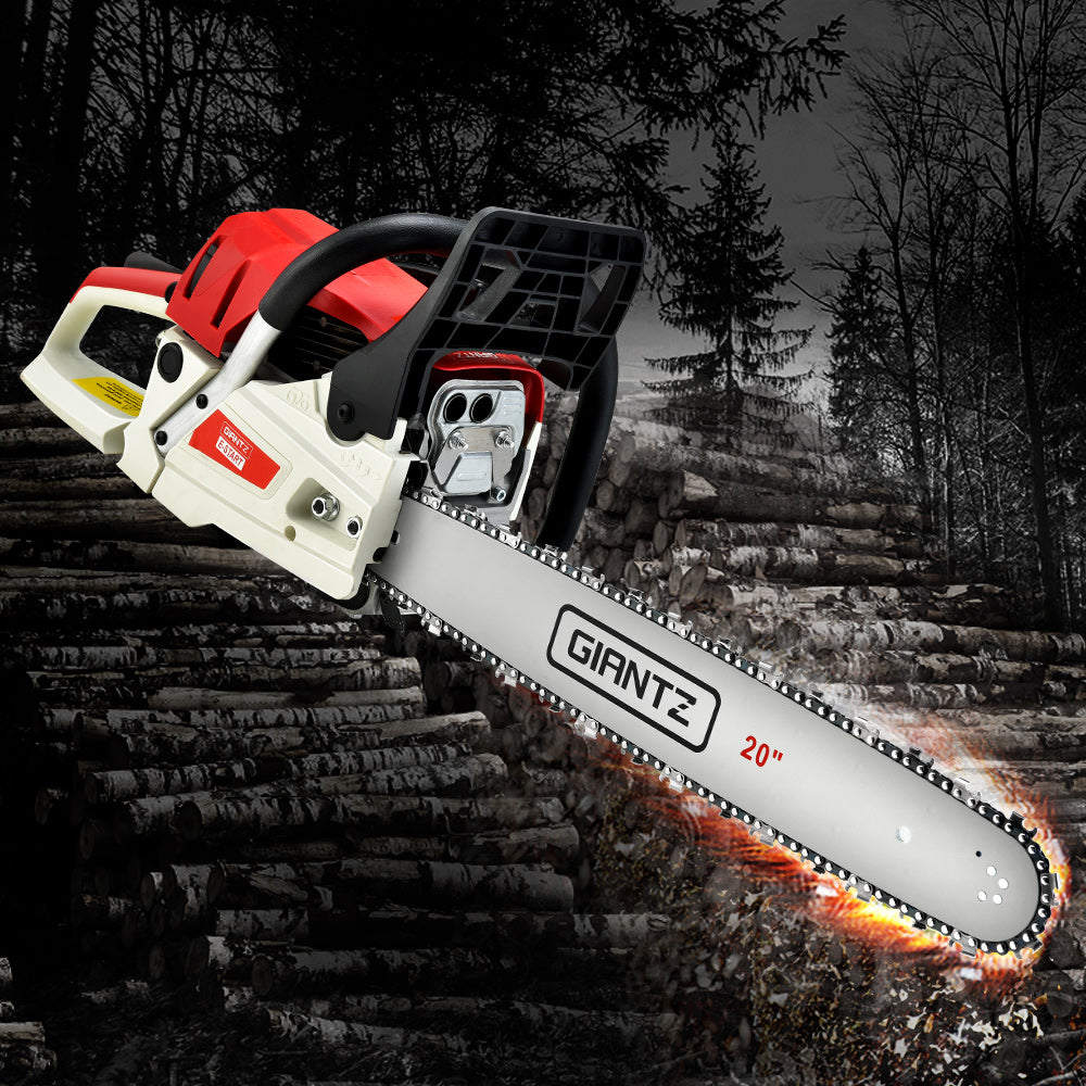 Giantz 62CC Chainsaw with 20-inch bar, showcasing its powerful engine and ergonomic design for efficient cutting and pruning tasks.