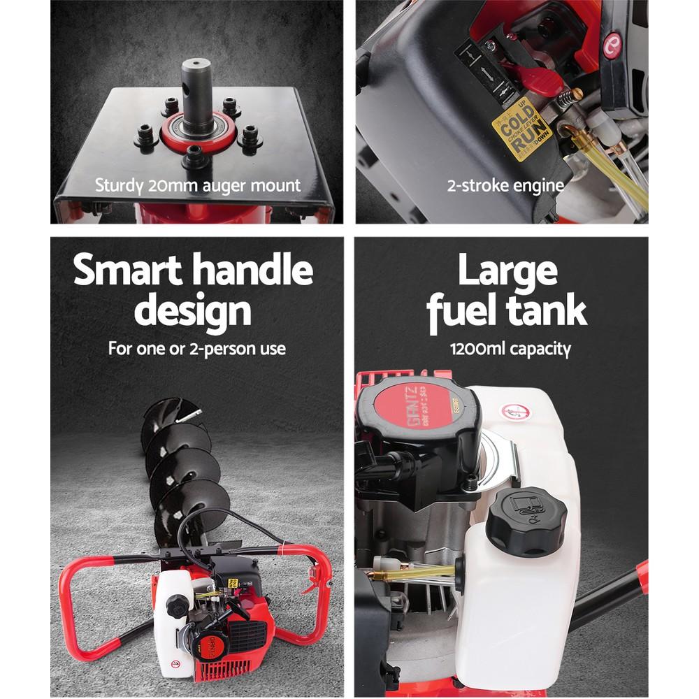 Giantz 80CC Petrol Post Hole Digger with auger and extension, showcasing its robust design and user-friendly features.