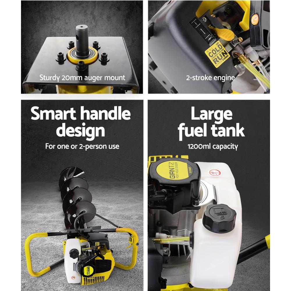 Giantz 80CC Post Hole Digger with augers and extensions, showcasing its robust design and powerful engine.