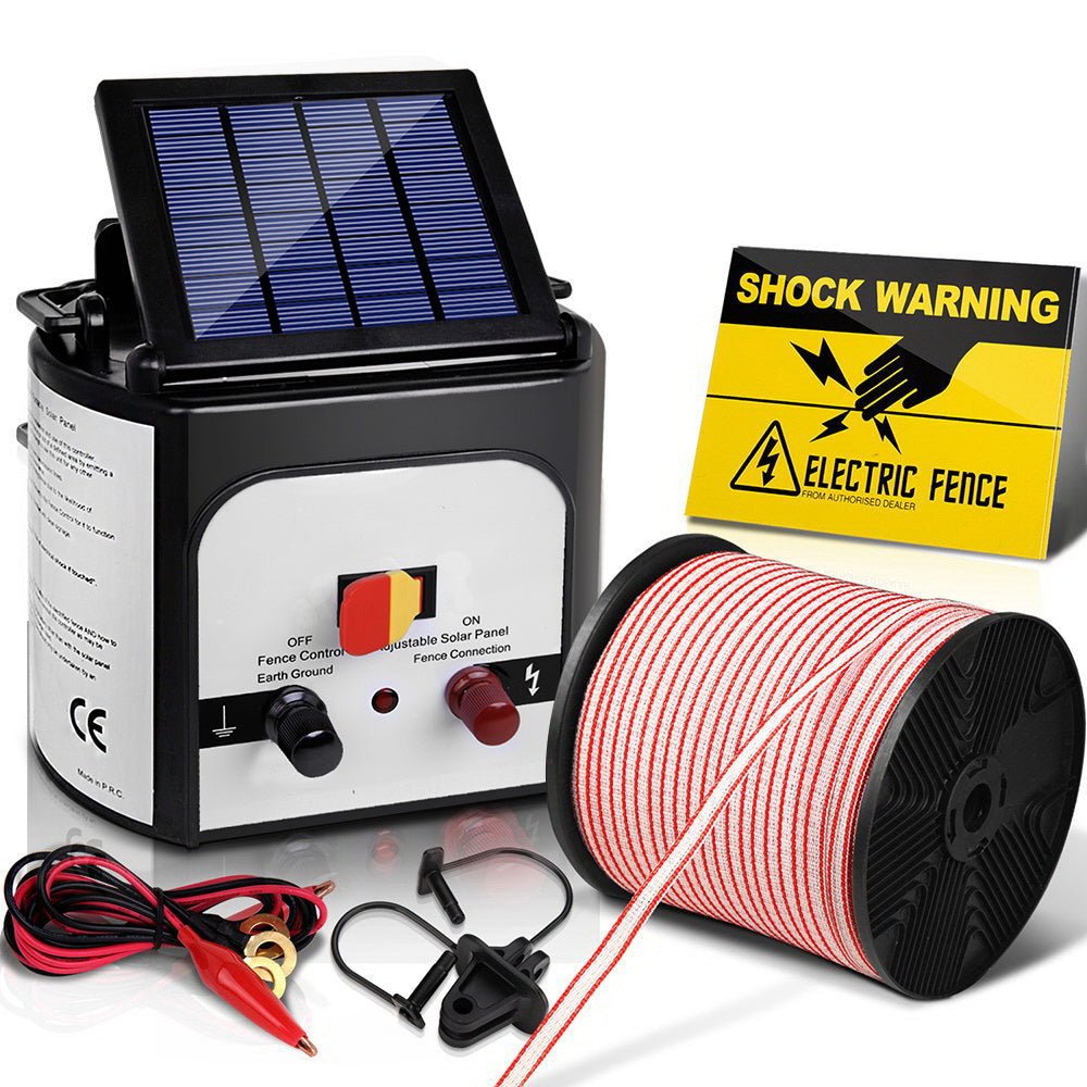 Giantz 8km Solar Electric Fence Energiser Charger with 400m polytape and accessories, designed for livestock safety and animal control.