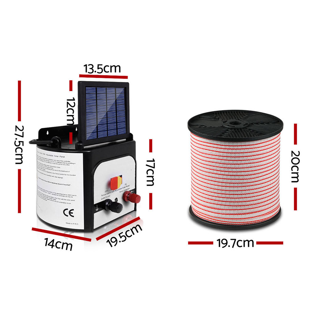 Giantz 8km Solar Electric Fence Energiser Charger with 400m polytape and accessories, designed for livestock safety and animal control.