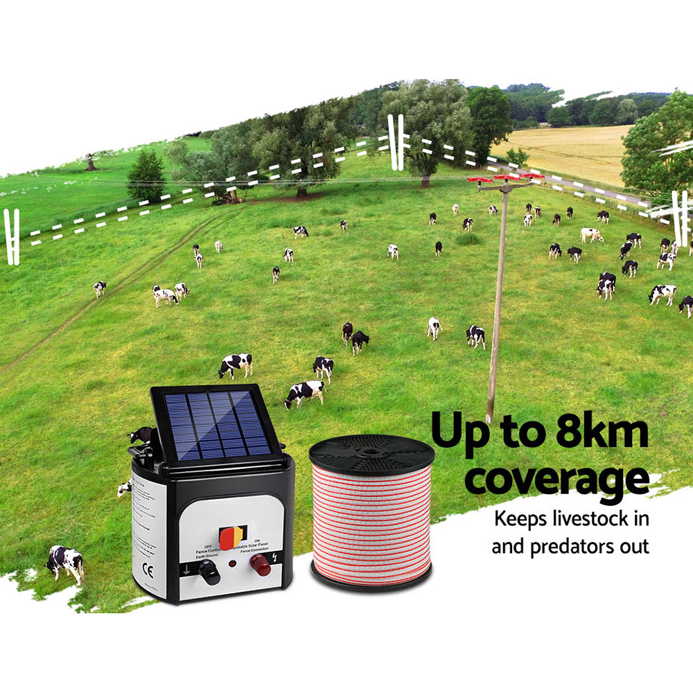 Giantz 8km Solar Electric Fence Energiser Charger with 400m polytape and accessories, designed for livestock safety and animal control.