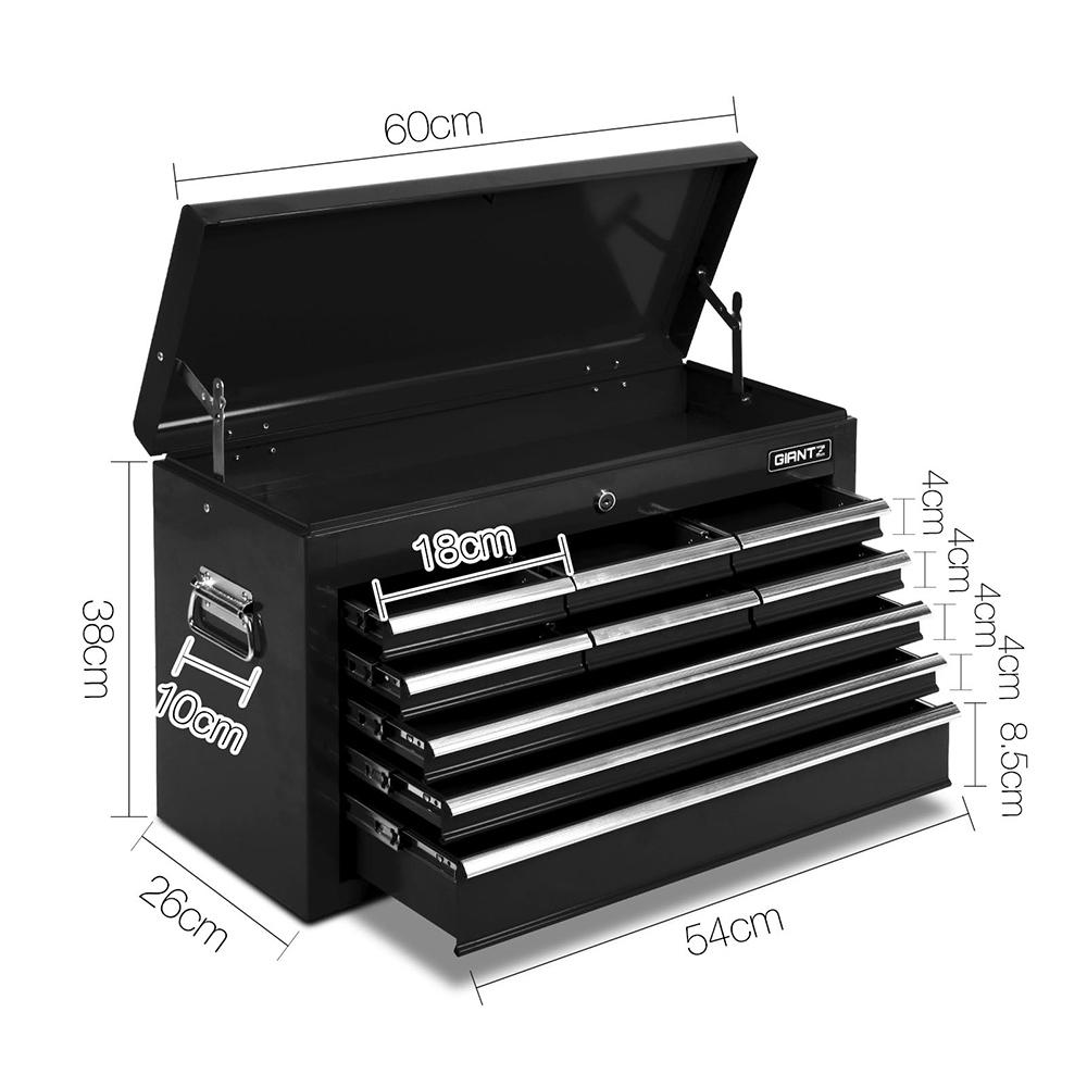 Giantz 9 Drawer Mechanic Tool Box Cabinet in black with multiple drawers for tool storage.