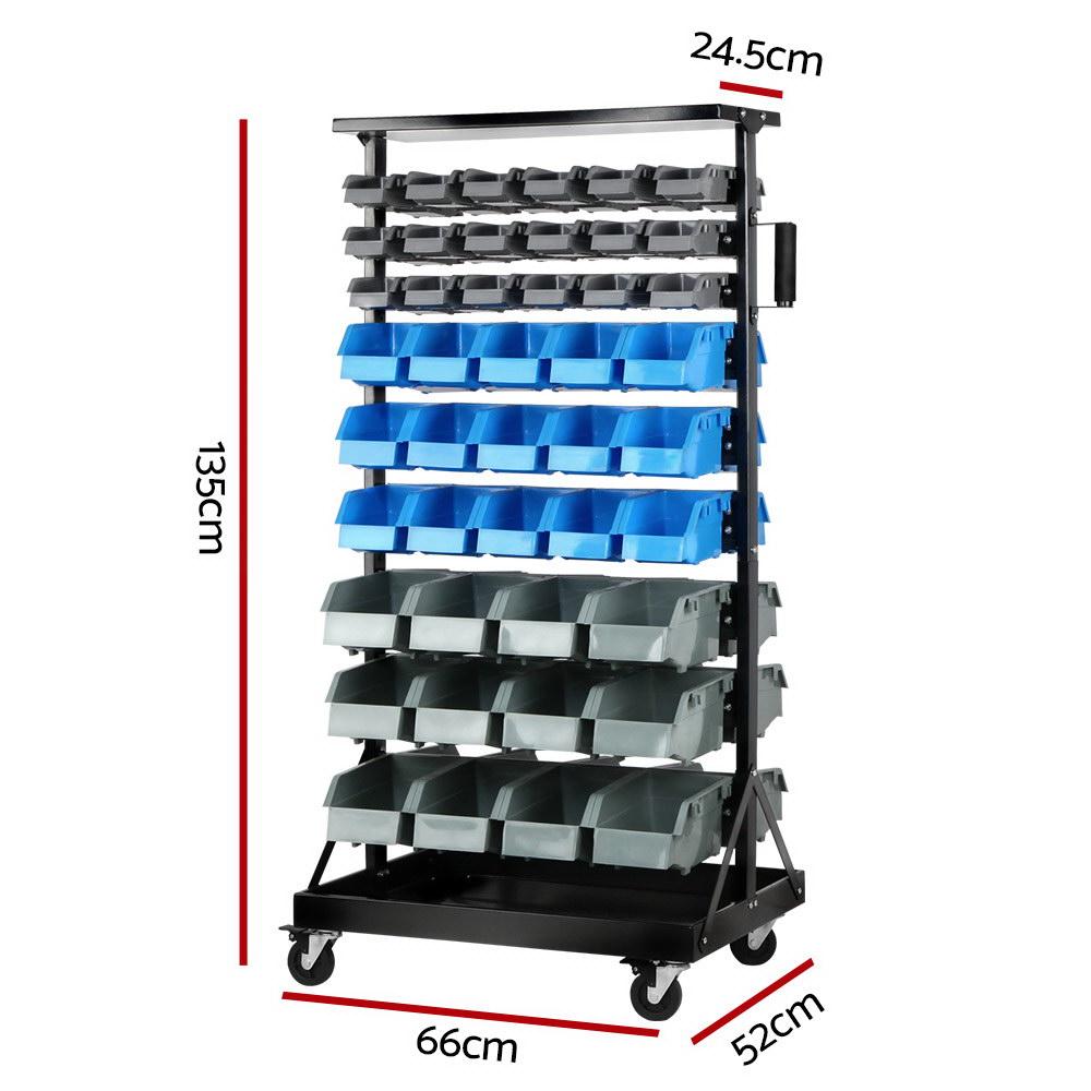 Giantz 90 Bin Storage Rack Stand with 90 colorful bins on a sturdy steel frame, showcasing its double-sided design and heavy-duty castor wheels.