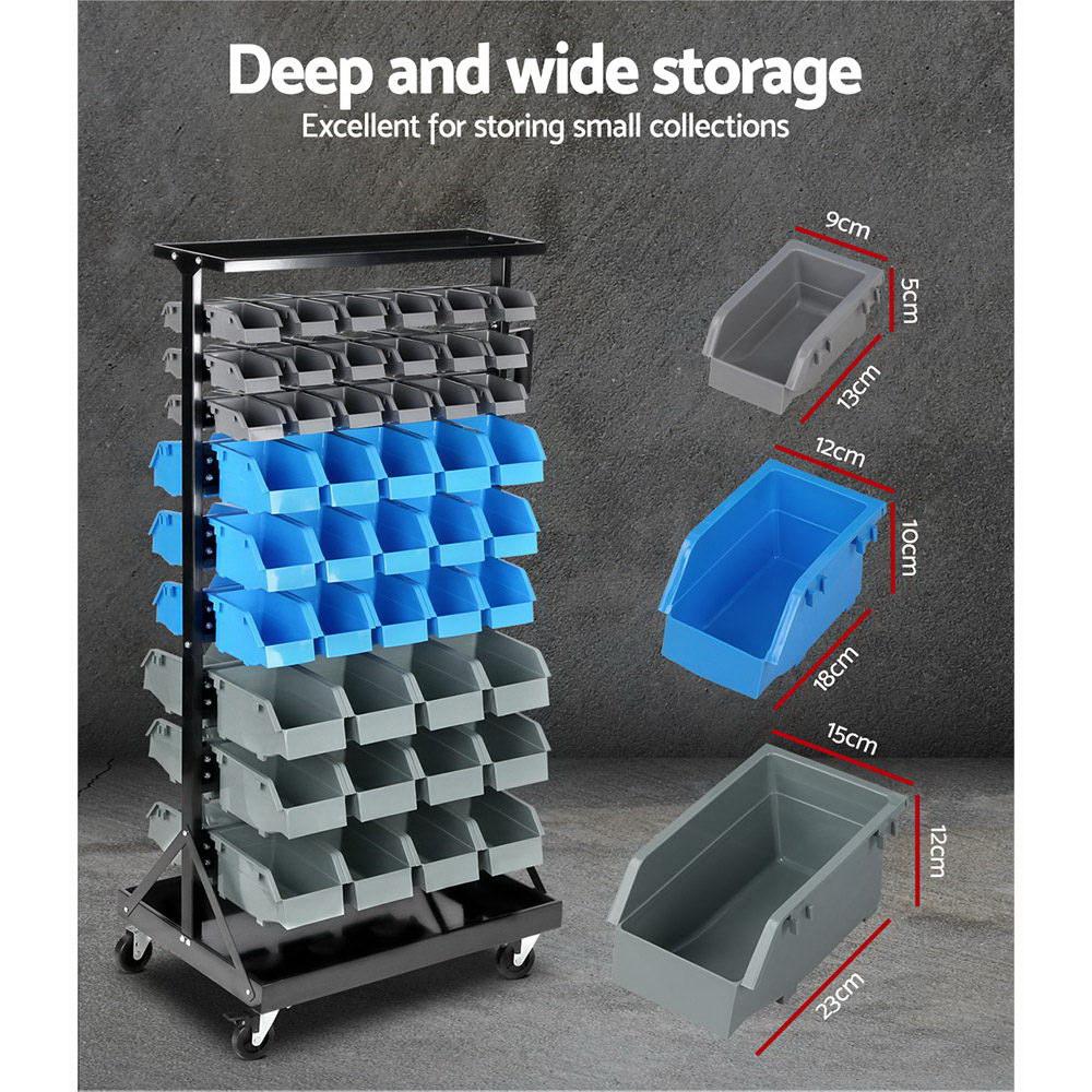 Giantz 90 Bin Storage Rack Stand with 90 colorful bins on a sturdy steel frame, showcasing its double-sided design and heavy-duty castor wheels.