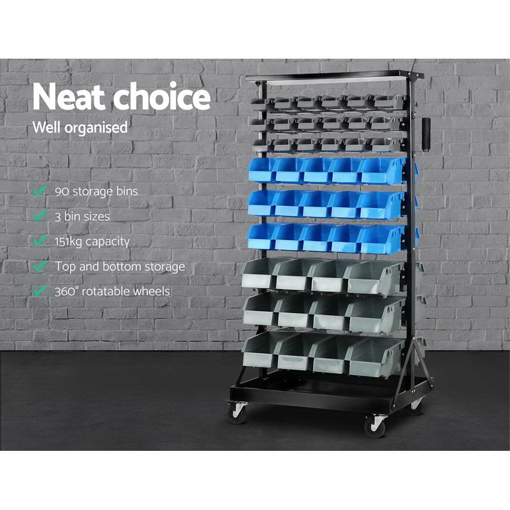 Giantz 90 Bin Storage Rack Stand with 90 colorful bins on a sturdy steel frame, showcasing its double-sided design and heavy-duty castor wheels.