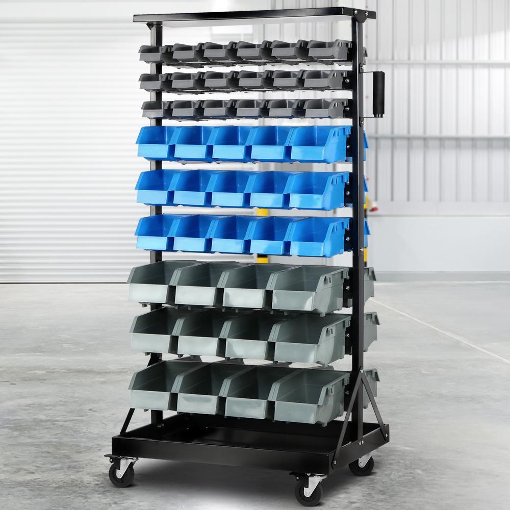 Giantz 90 Bin Storage Rack Stand with 90 colorful bins on a sturdy steel frame, showcasing its double-sided design and heavy-duty castor wheels.