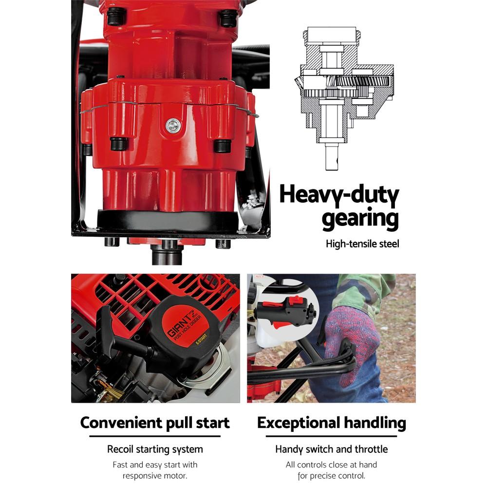 Giantz 92CC Petrol Post Hole Digger with auger and extension, showcasing its robust design and powerful engine.