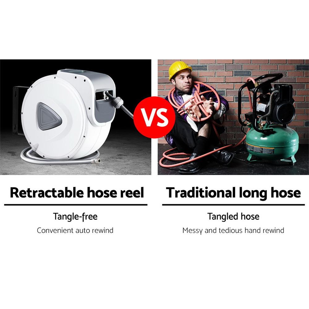 Giantz Air Hose Reel with 10m retractable hose, mounted on a wall, showcasing its swivel design and durable construction.